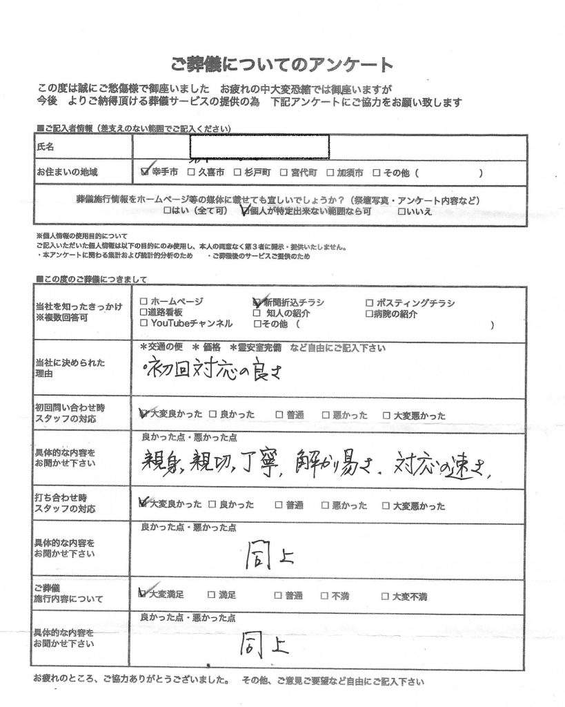 R７年０１月施行　幸手市T M様　直筆アンケート